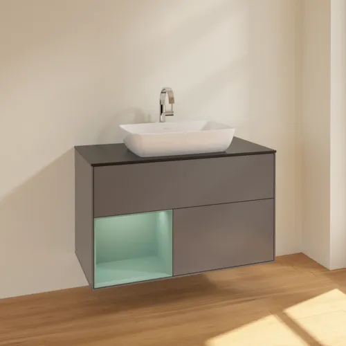 Bild von VILLEROY BOCH Finion Waschbeckenunterschrank, mit Beleuchtung, 2 Auszüge, 1000 x 603 x 501 mm, Anthracite Matt Lacquer / Olive Matt Lacquer / Glass Black Matt #F772GMGK
