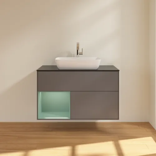 Bild von VILLEROY BOCH Finion Waschbeckenunterschrank, mit Beleuchtung, 2 Auszüge, 1000 x 603 x 501 mm, Anthracite Matt Lacquer / Olive Matt Lacquer / Glass Black Matt #F772GMGK