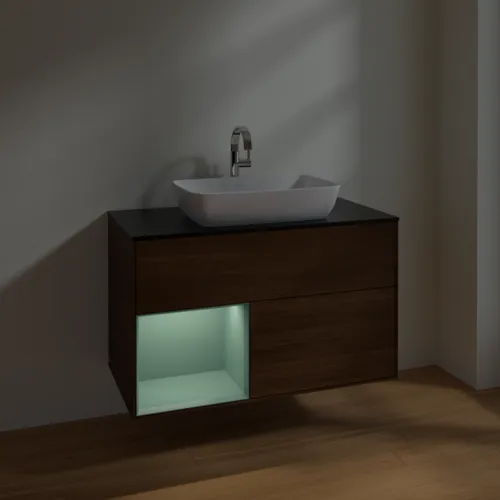 Bild von VILLEROY BOCH Finion Waschbeckenunterschrank, mit Beleuchtung, 2 Auszüge, 1000 x 603 x 501 mm, Walnut Veneer / Olive Matt Lacquer / Glass Black Matt #F772GMGN