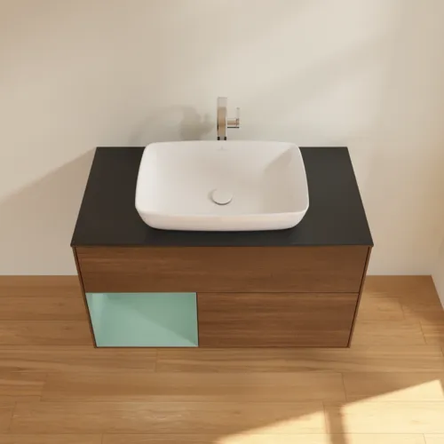Bild von VILLEROY BOCH Finion Waschbeckenunterschrank, mit Beleuchtung, 2 Auszüge, 1000 x 603 x 501 mm, Walnut Veneer / Olive Matt Lacquer / Glass Black Matt #F772GMGN