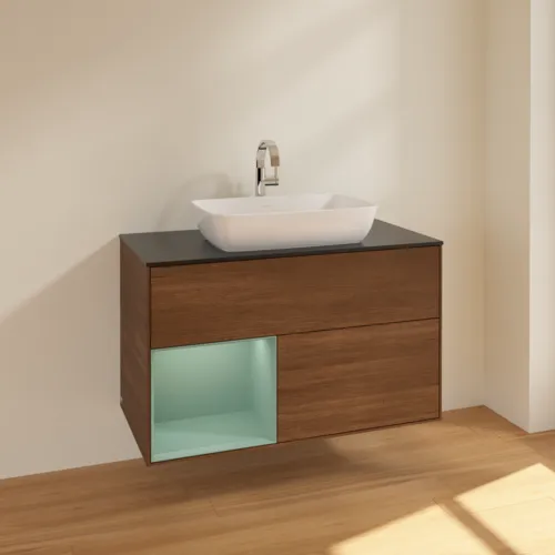 Bild von VILLEROY BOCH Finion Waschbeckenunterschrank, mit Beleuchtung, 2 Auszüge, 1000 x 603 x 501 mm, Walnut Veneer / Olive Matt Lacquer / Glass Black Matt #F772GMGN