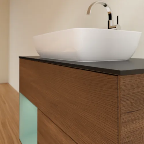 Bild von VILLEROY BOCH Finion Waschbeckenunterschrank, mit Beleuchtung, 2 Auszüge, 1000 x 603 x 501 mm, Walnut Veneer / Olive Matt Lacquer / Glass Black Matt #F772GMGN