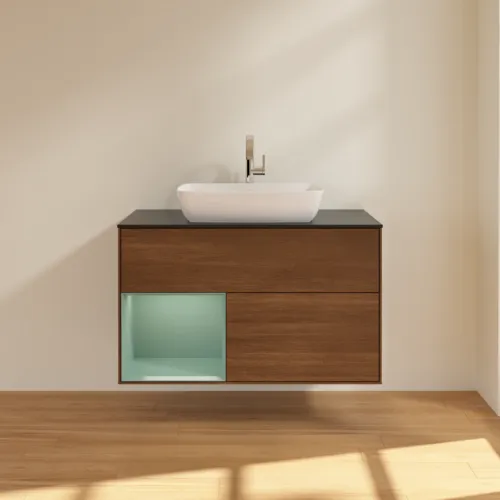 Bild von VILLEROY BOCH Finion Waschbeckenunterschrank, mit Beleuchtung, 2 Auszüge, 1000 x 603 x 501 mm, Walnut Veneer / Olive Matt Lacquer / Glass Black Matt #F772GMGN