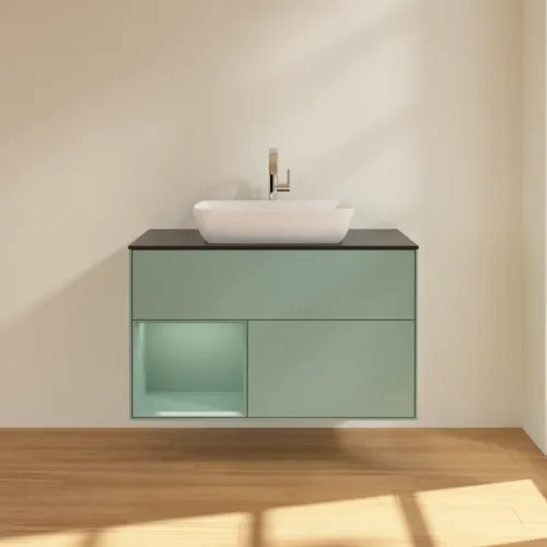 Bild von VILLEROY BOCH Finion Waschbeckenunterschrank, mit Beleuchtung, 2 Auszüge, 1000 x 603 x 501 mm, Olive Matt Lacquer / Olive Matt Lacquer / Glass Black Matt #F772GMGM