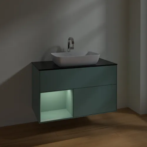 Bild von VILLEROY BOCH Finion Waschbeckenunterschrank, mit Beleuchtung, 2 Auszüge, 1000 x 603 x 501 mm, Olive Matt Lacquer / Olive Matt Lacquer / Glass Black Matt #F772GMGM