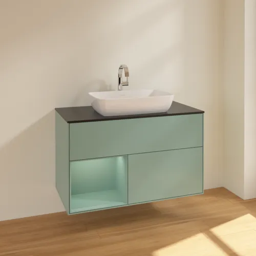 Bild von VILLEROY BOCH Finion Waschbeckenunterschrank, mit Beleuchtung, 2 Auszüge, 1000 x 603 x 501 mm, Olive Matt Lacquer / Olive Matt Lacquer / Glass Black Matt #F772GMGM