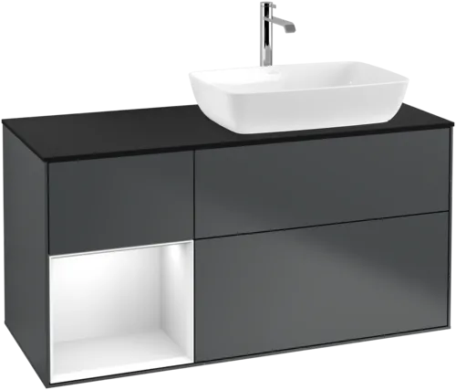 VILLEROY BOCH Finion Vanity unit, with lighting, 3 pull-out compartments, 1200 x 603 x 501 mm, Midnight Blue Matt Lacquer / Glossy White Lacquer / Glass Black Matt #F802GFHG resmi
