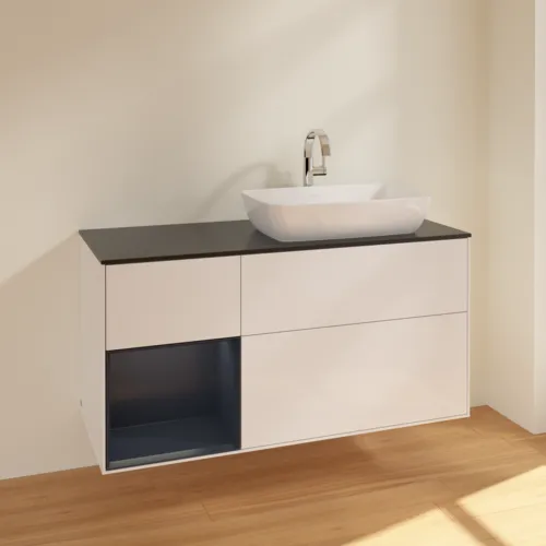 VILLEROY BOCH Finion Waschbeckenunterschrank, mit Beleuchtung, 3 Auszüge, 1200 x 603 x 501 mm, Glossy White Lacquer / Midnight Blue Matt Lacquer / Glass Black Matt #F802HGGF, Bild 2