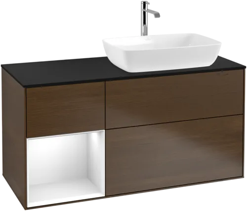 VILLEROY BOCH Finion Vanity unit, with lighting, 3 pull-out compartments, 1200 x 603 x 501 mm, Walnut Veneer / Glossy White Lacquer / Glass Black Matt #F802GFGN resmi