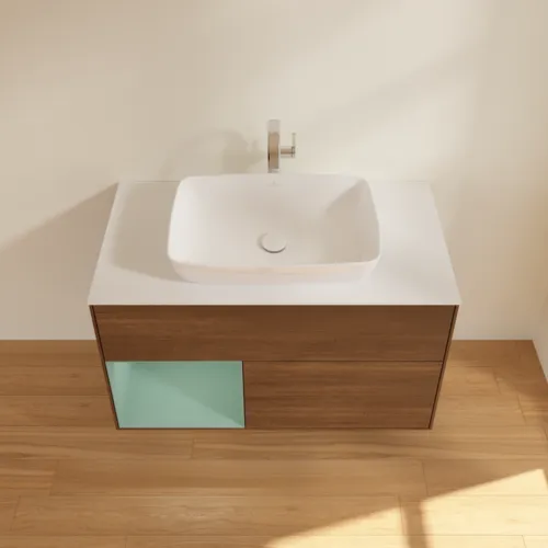 Bild von VILLEROY BOCH Finion Waschbeckenunterschrank, mit Beleuchtung, 2 Auszüge, 1000 x 603 x 501 mm, Walnut Veneer / Olive Matt Lacquer / Glass White Matt #F771GMGN