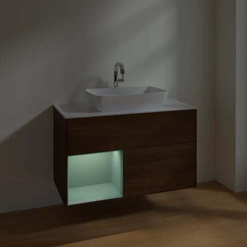 Bild von VILLEROY BOCH Finion Waschbeckenunterschrank, mit Beleuchtung, 2 Auszüge, 1000 x 603 x 501 mm, Walnut Veneer / Olive Matt Lacquer / Glass White Matt #F771GMGN