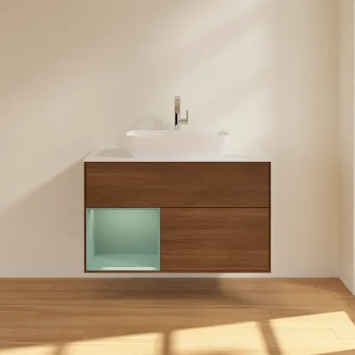 Bild von VILLEROY BOCH Finion Waschbeckenunterschrank, mit Beleuchtung, 2 Auszüge, 1000 x 603 x 501 mm, Walnut Veneer / Olive Matt Lacquer / Glass White Matt #F771GMGN