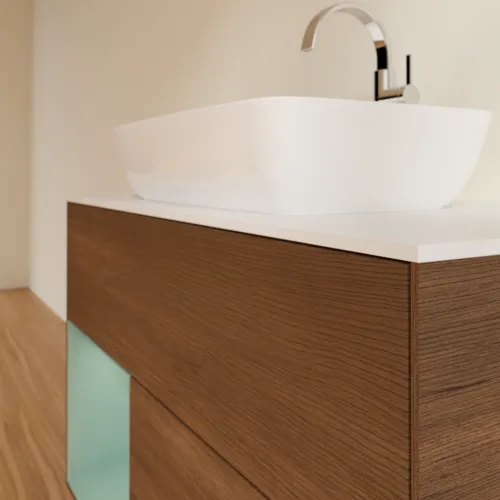 Bild von VILLEROY BOCH Finion Waschbeckenunterschrank, mit Beleuchtung, 2 Auszüge, 1000 x 603 x 501 mm, Walnut Veneer / Olive Matt Lacquer / Glass White Matt #F771GMGN