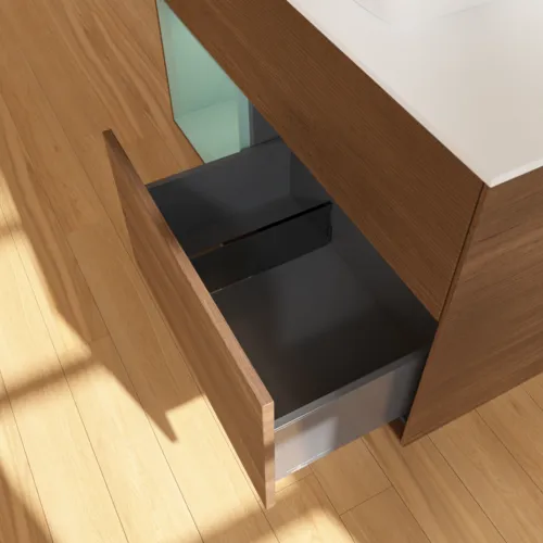 Bild von VILLEROY BOCH Finion Waschbeckenunterschrank, mit Beleuchtung, 2 Auszüge, 1000 x 603 x 501 mm, Walnut Veneer / Olive Matt Lacquer / Glass White Matt #F771GMGN