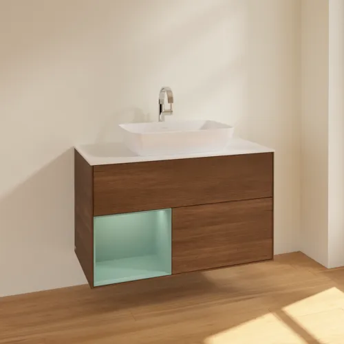 Bild von VILLEROY BOCH Finion Waschbeckenunterschrank, mit Beleuchtung, 2 Auszüge, 1000 x 603 x 501 mm, Walnut Veneer / Olive Matt Lacquer / Glass White Matt #F771GMGN