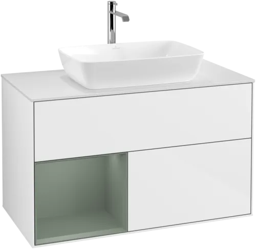 Obrázek VILLEROY BOCH Toaletní skříňka Finion, s osvětlením, 2 výsuvy, 1000 x 603 x 501 mm, lesklý bílý lak / olivově matný lak / sklo bílé matné #F771GMGF