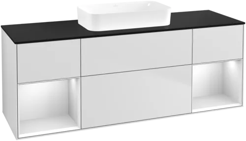 Obrázek VILLEROY BOCH Toaletní skříňka Finion, s osvětlením, 4 výsuvy, 1600 x 603 x 501 mm, bílý matný lak / bílý matný lak / černé matné sklo #F742MTMT