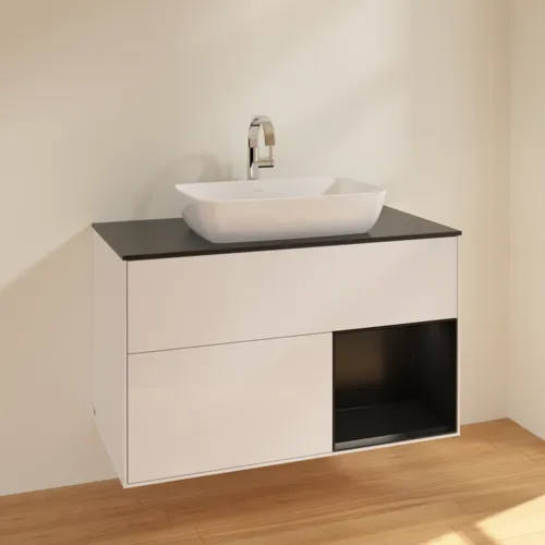 Bild von VILLEROY BOCH Finion Waschbeckenunterschrank, mit Beleuchtung, 2 Auszüge, 1000 x 603 x 501 mm, Glossy White Lacquer / Black Matt Lacquer / Glass Black Matt #F782PDGF
