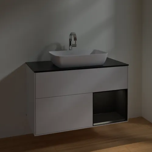 Bild von VILLEROY BOCH Finion Waschbeckenunterschrank, mit Beleuchtung, 2 Auszüge, 1000 x 603 x 501 mm, Glossy White Lacquer / Black Matt Lacquer / Glass Black Matt #F782PDGF