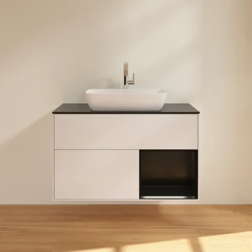 Bild von VILLEROY BOCH Finion Waschbeckenunterschrank, mit Beleuchtung, 2 Auszüge, 1000 x 603 x 501 mm, Glossy White Lacquer / Black Matt Lacquer / Glass Black Matt #F782PDGF