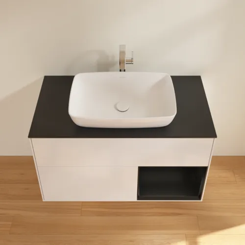 Bild von VILLEROY BOCH Finion Waschbeckenunterschrank, mit Beleuchtung, 2 Auszüge, 1000 x 603 x 501 mm, Glossy White Lacquer / Black Matt Lacquer / Glass Black Matt #F782PDGF