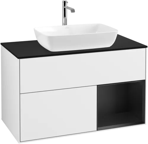 VILLEROY BOCH Finion Vanity unit, with lighting, 2 pull-out compartments, 1000 x 603 x 501 mm, Glossy White Lacquer / Black Matt Lacquer / Glass Black Matt #F782PDGF resmi