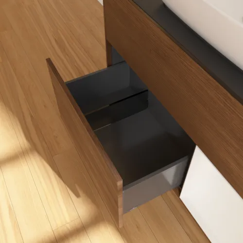 VILLEROY BOCH Finion Waschbeckenunterschrank, mit Beleuchtung, 2 Auszüge, 1000 x 603 x 501 mm, Walnut Veneer / Glossy White Lacquer / Glass Black Matt #F782GFGN, Bild 7