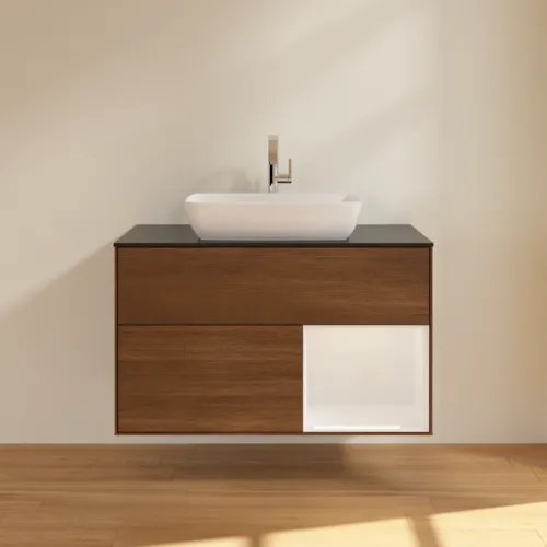 VILLEROY BOCH Finion Waschbeckenunterschrank, mit Beleuchtung, 2 Auszüge, 1000 x 603 x 501 mm, Walnut Veneer / Glossy White Lacquer / Glass Black Matt #F782GFGN, Bild 3