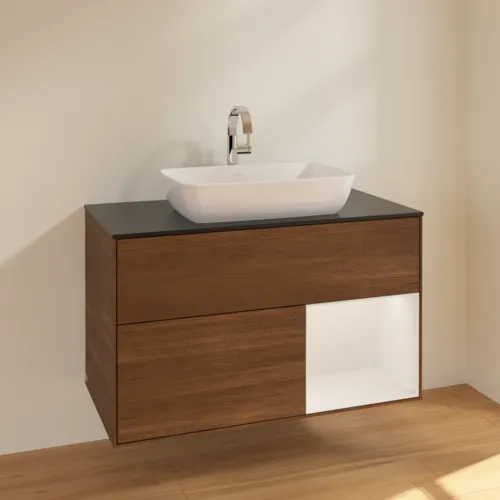 VILLEROY BOCH Finion Waschbeckenunterschrank, mit Beleuchtung, 2 Auszüge, 1000 x 603 x 501 mm, Walnut Veneer / Glossy White Lacquer / Glass Black Matt #F782GFGN, Bild 2