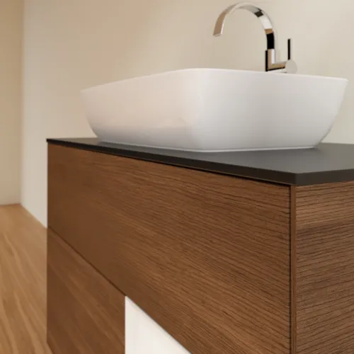 VILLEROY BOCH Finion Waschbeckenunterschrank, mit Beleuchtung, 2 Auszüge, 1000 x 603 x 501 mm, Walnut Veneer / Glossy White Lacquer / Glass Black Matt #F782GFGN, Bild 6