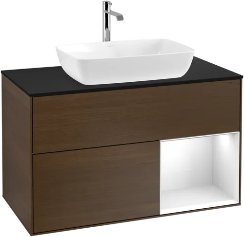 VILLEROY BOCH Finion Vanity unit, with lighting, 2 pull-out compartments, 1000 x 603 x 501 mm, Walnut Veneer / Glossy White Lacquer / Glass Black Matt #F782GFGN resmi