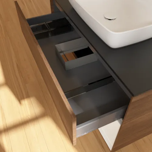 VILLEROY BOCH Finion Waschbeckenunterschrank, mit Beleuchtung, 2 Auszüge, 1000 x 603 x 501 mm, Walnut Veneer / Glossy White Lacquer / Glass Black Matt #F782GFGN, Bild 8