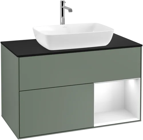 VILLEROY BOCH Finion Vanity unit, with lighting, 2 pull-out compartments, 1000 x 603 x 501 mm, Olive Matt Lacquer / Glossy White Lacquer / Glass Black Matt #F782GFGM resmi