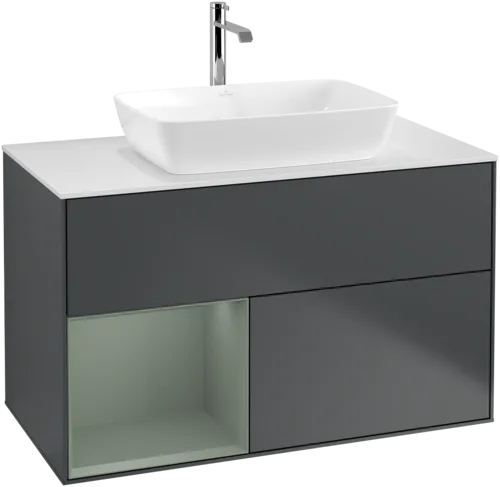 Picture of VILLEROY BOCH Finion Vanity unit, with lighting, 2 pull-out compartments, 1000 x 603 x 501 mm, Midnight Blue Matt Lacquer / Olive Matt Lacquer / Glass White Matt #F771GMHG