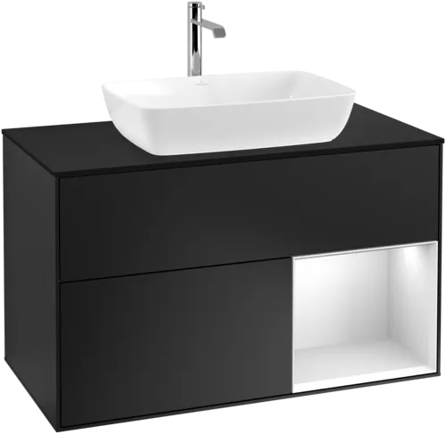 VILLEROY BOCH Finion Vanity unit, with lighting, 2 pull-out compartments, 1000 x 603 x 501 mm, Black Matt Lacquer / White Matt Lacquer / Glass Black Matt #F782MTPD resmi