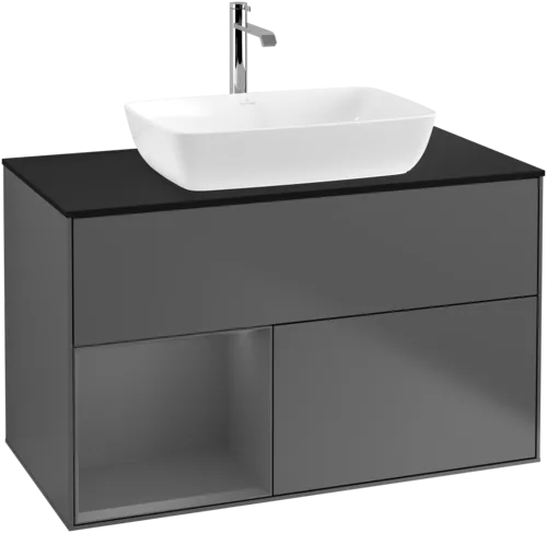 Picture of VILLEROY BOCH Finion Vanity unit, with lighting, 2 pull-out compartments, 1000 x 603 x 501 mm, Anthracite Matt Lacquer / Anthracite Matt Lacquer / Glass Black Matt #F772GKGK