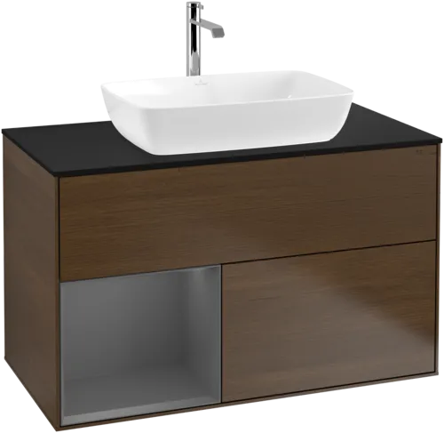 Picture of VILLEROY BOCH Finion Vanity unit, with lighting, 2 pull-out compartments, 1000 x 603 x 501 mm, Walnut Veneer / Anthracite Matt Lacquer / Glass Black Matt #F772GKGN