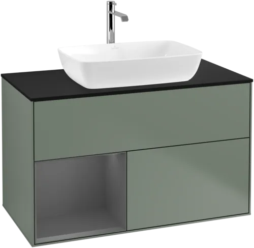 Picture of VILLEROY BOCH Finion Vanity unit, with lighting, 2 pull-out compartments, 1000 x 603 x 501 mm, Olive Matt Lacquer / Anthracite Matt Lacquer / Glass Black Matt #F772GKGM