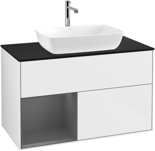 Picture of VILLEROY BOCH Finion Vanity unit, with lighting, 2 pull-out compartments, 1000 x 603 x 501 mm, Glossy White Lacquer / Anthracite Matt Lacquer / Glass Black Matt #F772GKGF