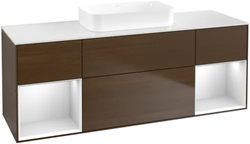 Picture of VILLEROY BOCH Finion Vanity unit, with lighting, 4 pull-out compartments, 1600 x 603 x 501 mm, Walnut Veneer / White Matt Lacquer / Glass White Matt #F741MTGN