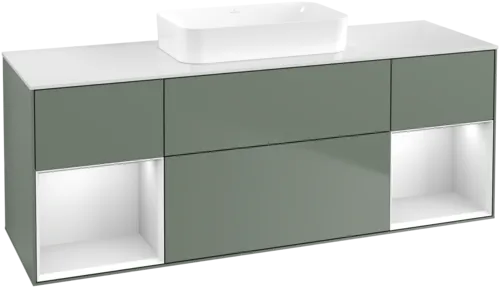 Picture of VILLEROY BOCH Finion Vanity unit, with lighting, 4 pull-out compartments, 1600 x 603 x 501 mm, Olive Matt Lacquer / White Matt Lacquer / Glass White Matt #F741MTGM
