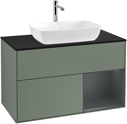 Picture of VILLEROY BOCH Finion Vanity unit, with lighting, 2 pull-out compartments, 1000 x 603 x 501 mm, Olive Matt Lacquer / Midnight Blue Matt Lacquer / Glass Black Matt #F782HGGM