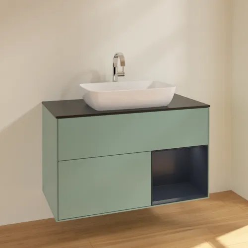Bild von VILLEROY BOCH Finion Waschbeckenunterschrank, mit Beleuchtung, 2 Auszüge, 1000 x 603 x 501 mm, Olive Matt Lacquer / Midnight Blue Matt Lacquer / Glass Black Matt #F782HGGM