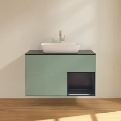 Bild von VILLEROY BOCH Finion Waschbeckenunterschrank, mit Beleuchtung, 2 Auszüge, 1000 x 603 x 501 mm, Olive Matt Lacquer / Midnight Blue Matt Lacquer / Glass Black Matt #F782HGGM