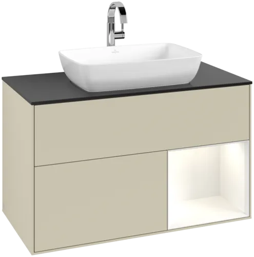 VILLEROY BOCH Finion Vanity unit, with lighting, 2 pull-out compartments, 1000 x 603 x 501 mm, Silk Grey Matt Lacquer / Glossy White Lacquer / Glass Black Matt #F782GFHJ resmi
