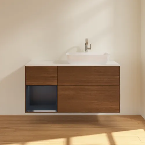 VILLEROY BOCH Finion Waschbeckenunterschrank, mit Beleuchtung, 3 Auszüge, 1200 x 603 x 501 mm, Walnut Veneer / Midnight Blue Matt Lacquer / Glass White Matt #F801HGGN, Bild 3