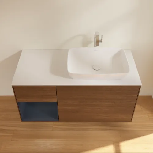 VILLEROY BOCH Finion Waschbeckenunterschrank, mit Beleuchtung, 3 Auszüge, 1200 x 603 x 501 mm, Walnut Veneer / Midnight Blue Matt Lacquer / Glass White Matt #F801HGGN, Bild 4