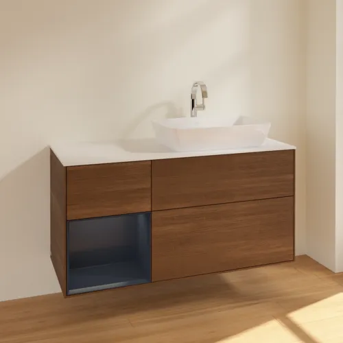 VILLEROY BOCH Finion Waschbeckenunterschrank, mit Beleuchtung, 3 Auszüge, 1200 x 603 x 501 mm, Walnut Veneer / Midnight Blue Matt Lacquer / Glass White Matt #F801HGGN, Bild 2