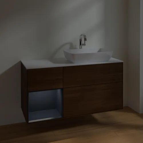 VILLEROY BOCH Finion Waschbeckenunterschrank, mit Beleuchtung, 3 Auszüge, 1200 x 603 x 501 mm, Walnut Veneer / Midnight Blue Matt Lacquer / Glass White Matt #F801HGGN, Bild 5
