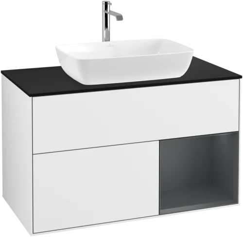 VILLEROY BOCH Finion Vanity unit, with lighting, 2 pull-out compartments, 1000 x 603 x 501 mm, Glossy White Lacquer / Midnight Blue Matt Lacquer / Glass Black Matt #F782HGGF resmi